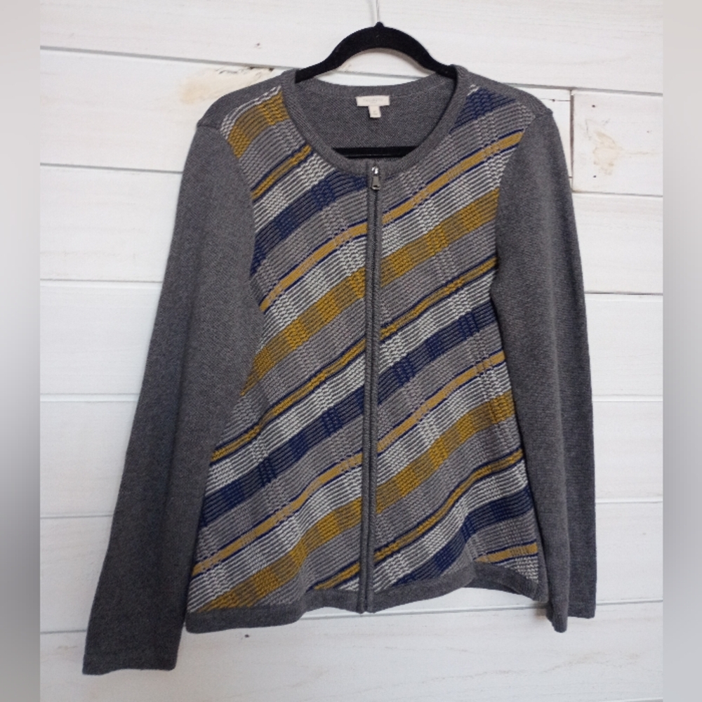 Talbots Gray and Multicolor Women's Zipper Front Cotton Cardigan Sweater - Med